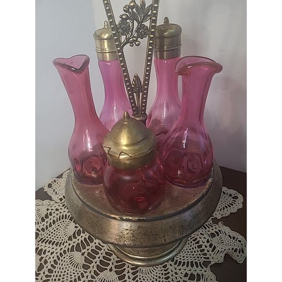 Vintage Cruet Simpson Hall Miller Quad Silverplate Cranberry Cut Glass Decor DIY - Picture 5 of 16